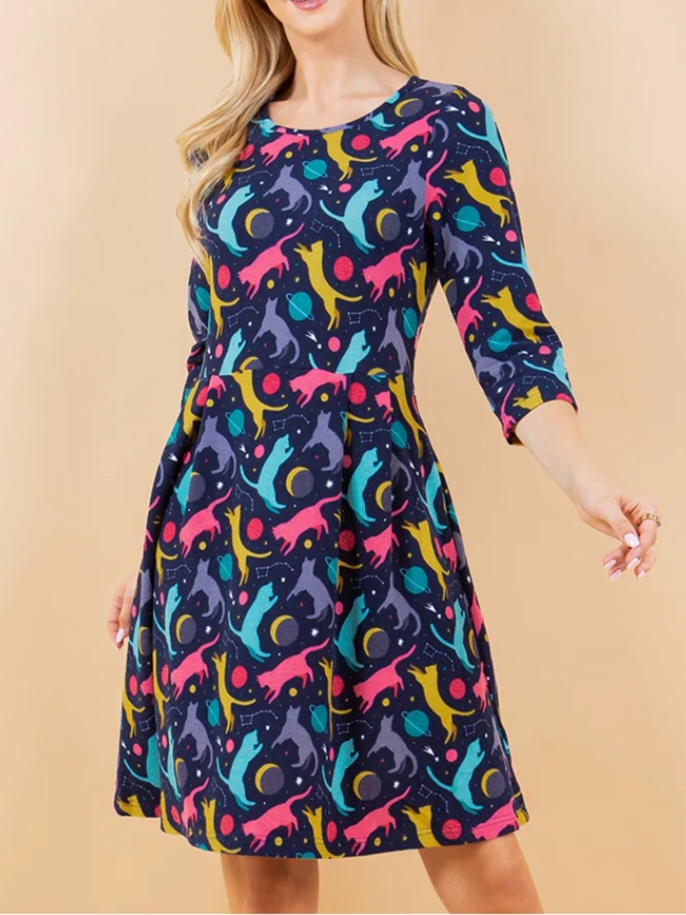NWOT! LA SOUL “Feline Fine” Celestial Cat Print Brushed Knit Dress, SMALL